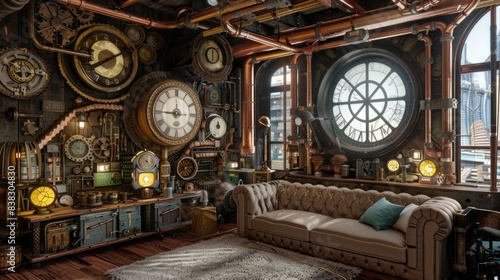 Steampunk interior. Creative design of a living room in steampunk style. Copper pipes, clocks and gears as design elements. © Vladyslav  Andrukhiv