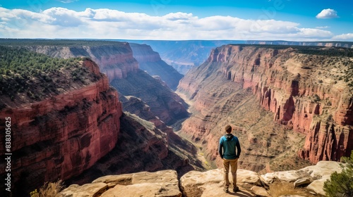 person  standing top canyon view hiking explore success trip relax. © Shades3d