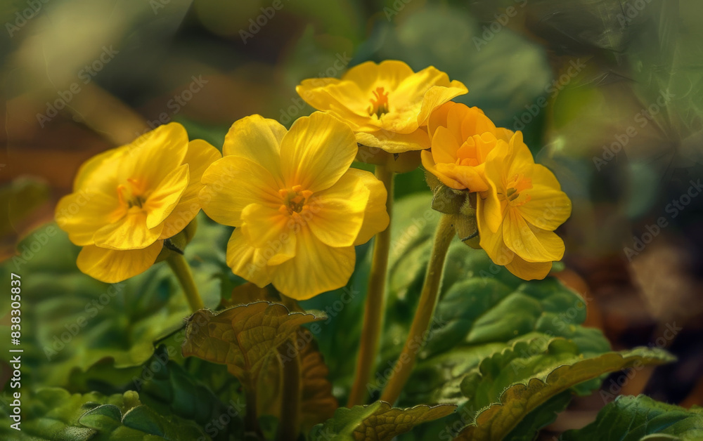 Fototapeta premium A bunch of yellow flowers are in a garden