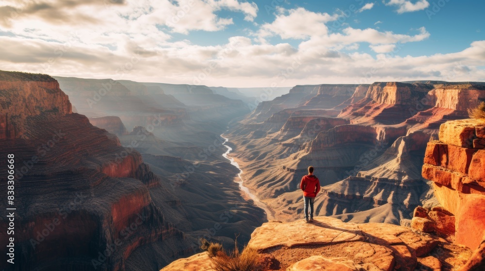 Fototapeta premium person standing top canyon view hiking explore success trip relax.