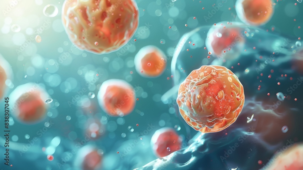 3D illustration of a group of stem cells floating in a nutrient rich fluid. 3D illustration of a group of stem cells floating in a nutrient rich fluid.