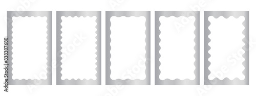 Set of silver rectangle frames with wavy inner borders. Metallos mirror, photo or picture frameworks. Luxury rectangular boxes, tags or labels isolated on white background. Vector illustration.