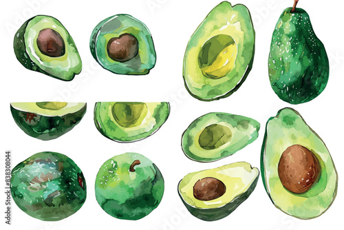 Illustration of a set of hand-drawn avocados, part of an Autumn collection, featuring flat style elements isolated on a white background,