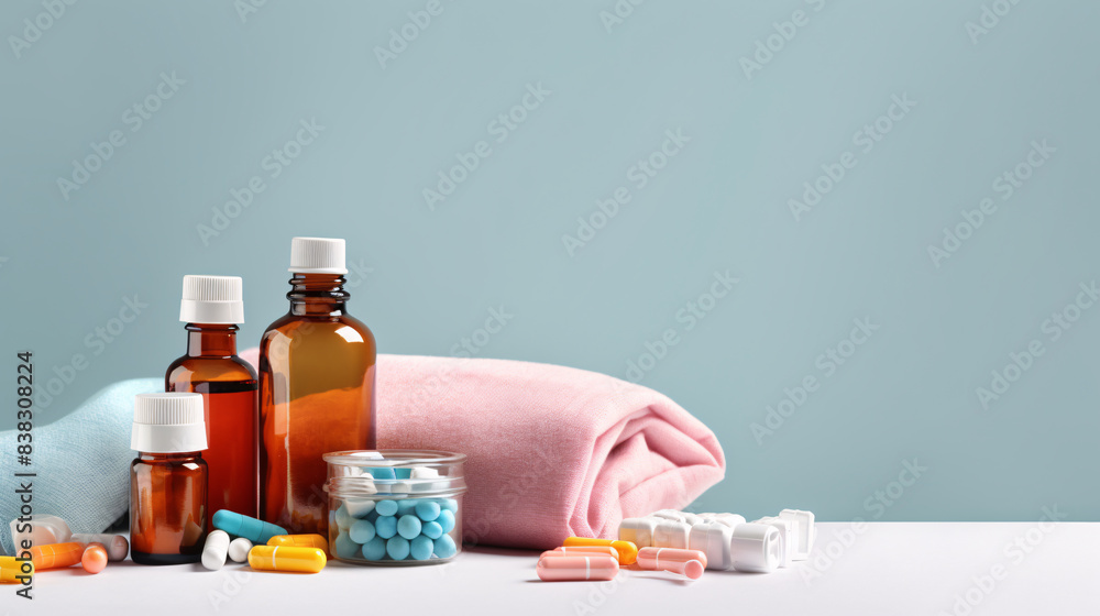 Close up to medication healthcare tablets with bottles of vitamins on pastel background and copy space Close up to medication healthcare tablets with bottles of vitamins on pastel background and copy space