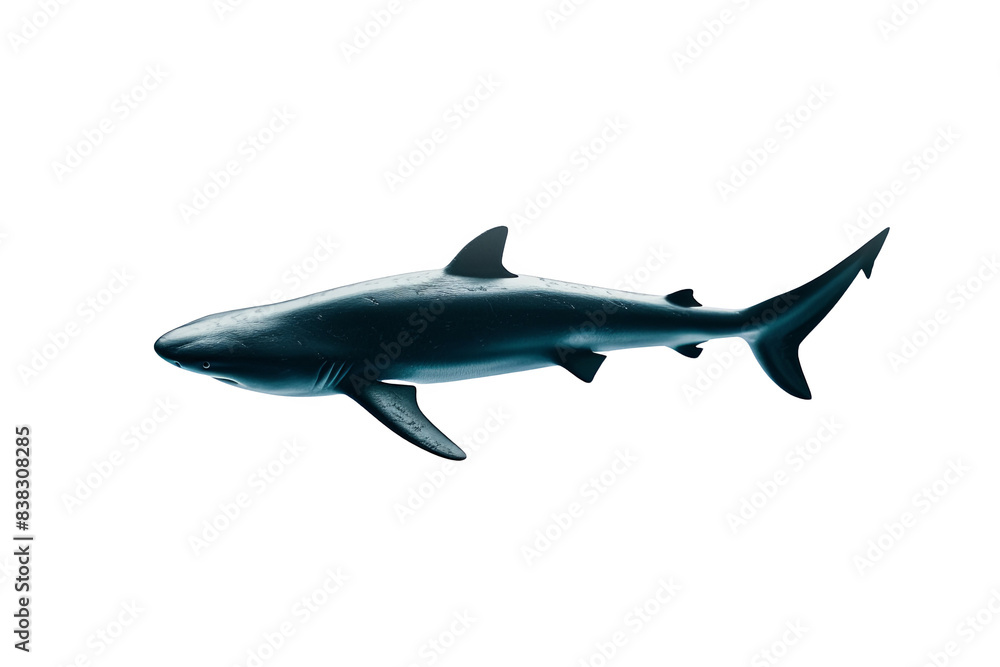 A detailed side view of a shark against a white background, showcasing its sleek body and fins, ideal for marine life and underwater themes. A detailed side view of a shark against a white background, showcasing its sleek body and fins, ideal for marine life and underwater themes.