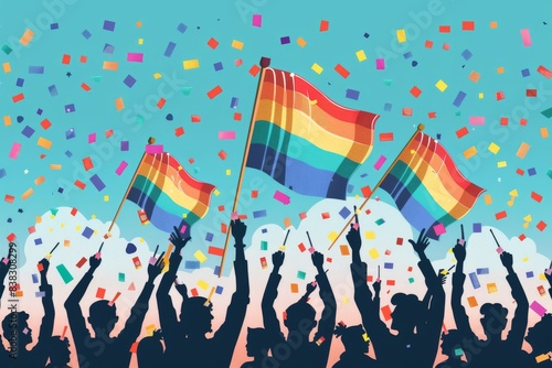 Celebratory crowd waving rainbow flags expressing unity pride and joy in a vibrant and dynamic scene filled with colorful confetti and energy