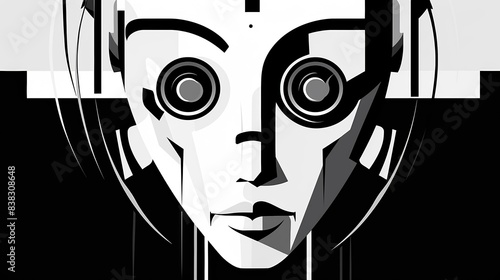 Stylized illustrator drawing of a humanoid robot, minimalist black and white, abstract background