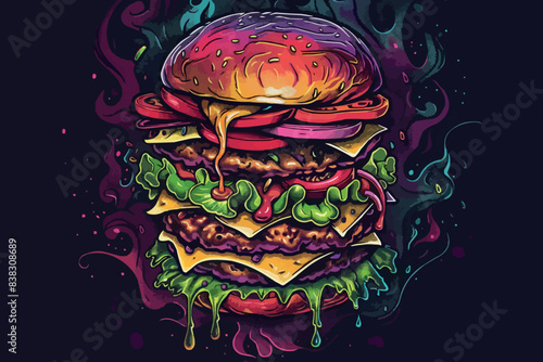 Hot burger vintage colorful poster with juicy cheeseburger and cheese with tomatoes and pickled cucumbers made on fire vector illustration