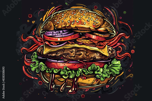 Hot burger vintage colorful poster with juicy cheeseburger and cheese with tomatoes and pickled cucumbers made on fire vector illustration