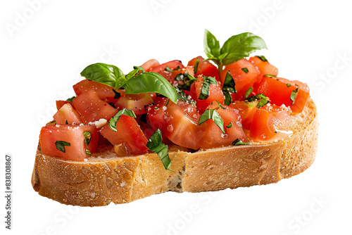 Fresh bruschetta with chopped tomatoes, basil, and seasoning on a slice of crusty bread, perfect for a delicious appetizer or snack. photo