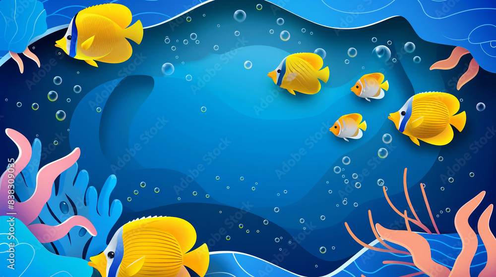 Blue underwater world with yellow fishes and pink plants. Banner design. Copy space. Environment concept. World Ocean day. Blue underwater world with yellow fishes and pink plants. Banner design. Copy space. Environment concept. World Ocean day.