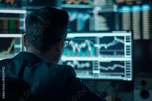 Crypto trader investor analyst broker using pc computer analyzing online cryptocurrency exchange stock market indexes charts investing money profit in trading platform stock market. Over shoulder view