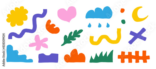 The hand-drawn abstract shapes and doodle objects. Naive playful scribble abstract vector set shapes—doodle charcoal geometric collage heart, flower, cloud, grass, irregular organic shapes, texture.