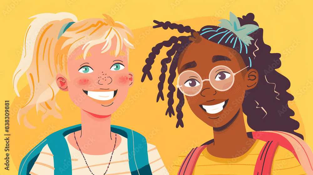 Two cute smiling African and American teenage school girls with backpack on a yellow background. Education, back to school concept. Two cute smiling African and American teenage school girls with backpack on a yellow background. Education, back to school concept.