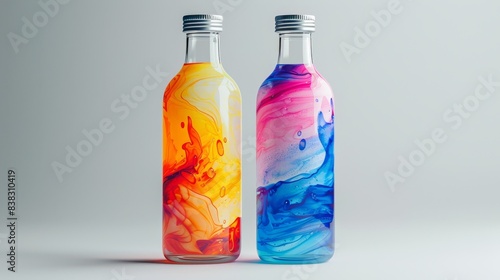 Vibrant watercolor splash design on 2 product bottle mockups in a minimalistic and realistic style. Perfect for showcasing your brand, Created with Generative AI.