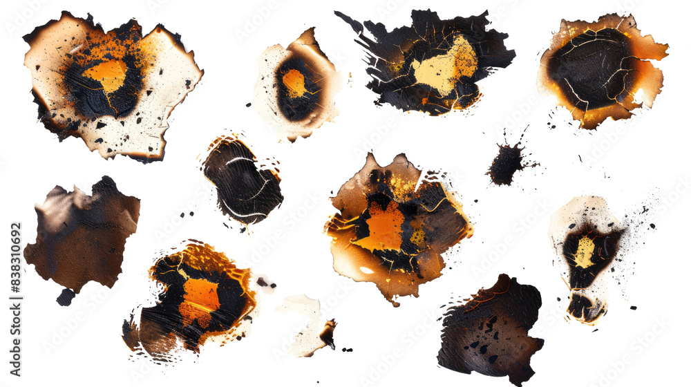 AVarious abstract burnt paper textures displayed against a black ...