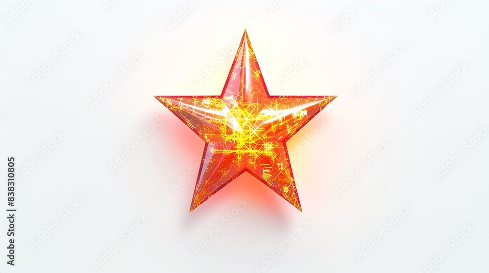 Obraz premium Bright red star with a sparkling effect on a plain white background, ideal for festive decorations and holiday themes.