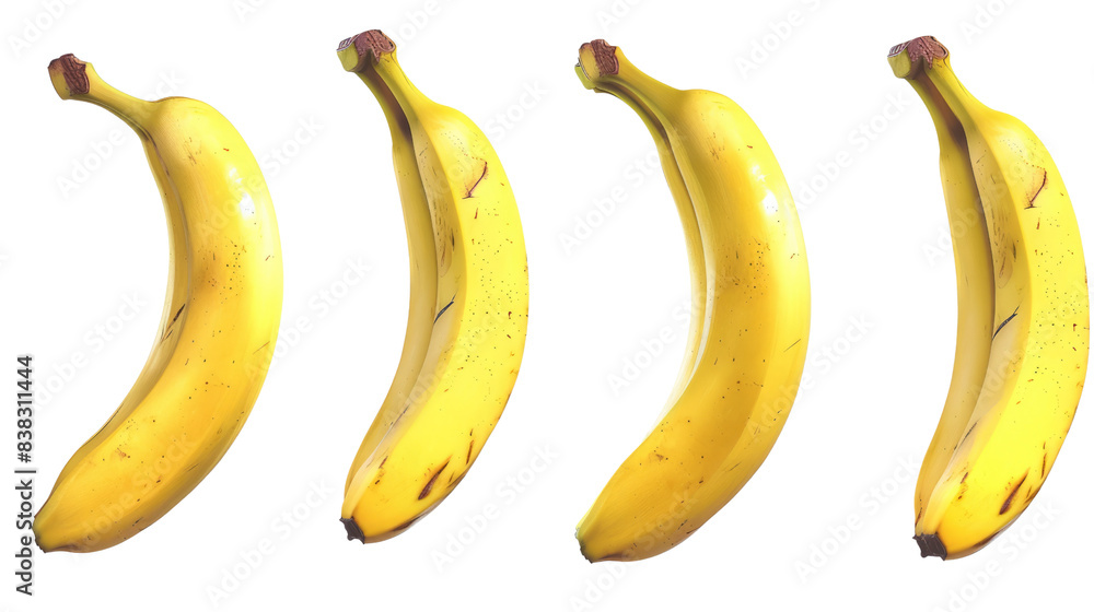 Four ripe yellow bananas arranged in a row in isolated on transparent and white background Four ripe yellow bananas arranged in a row in isolated on transparent and white background