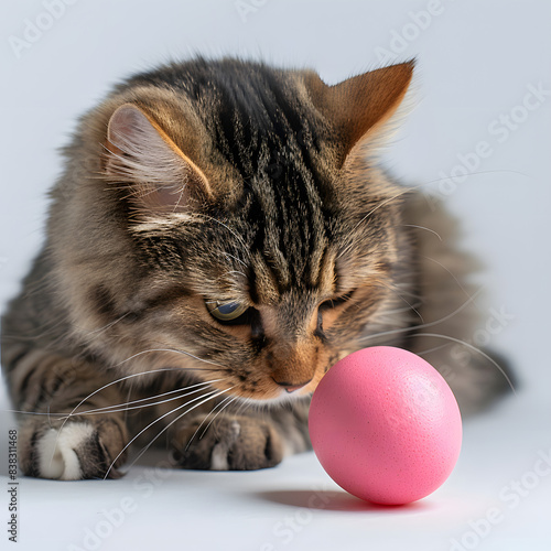 the cat plays with an egg. pink egg isolated on white background, minimalism, png