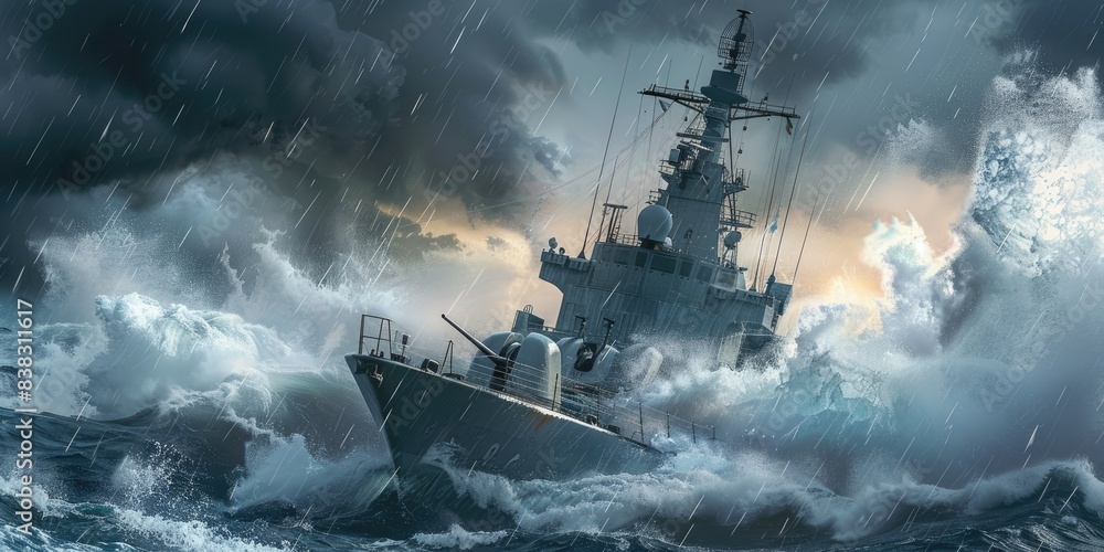 Fototapeta premium Battleship Braving Harsh Sea Conditions