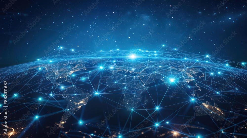 Obraz premium Global network connection depicting internet and data links across the world, highlighting technology and communication advancements.
