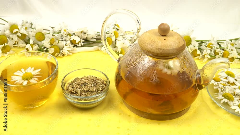Teapot and cup of chamomile tea, dry chamomile tea and bunches of fresh chamomile flowers for drying are on a yellow background Teapot and cup of chamomile tea, dry chamomile tea and bunches of fresh chamomile flowers for drying are on a yellow background