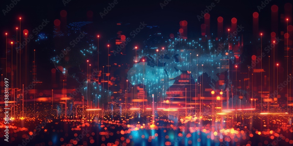 Abstract digital world map representation with glowing lines, dots, and futuristic data visualization elements in blue and red. Abstract digital world map representation with glowing lines, dots, and futuristic data visualization elements in blue and red.