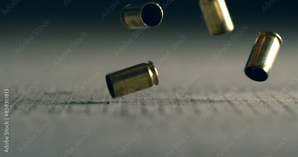 Super slow motion macro of bullet shell casings of machine fire gun falling down on ground with flying gunpowder during training in shooting range. Shooting and Weapons