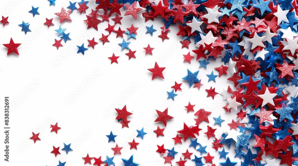 Decorative red, white, and blue stars with copy space, patriotic design, isolated on white background, photorealistic, ethereal, manipulation, clean background Decorative red, white, and blue stars with copy space, patriotic design, isolated on white background, photorealistic, ethereal, manipulation, clean background