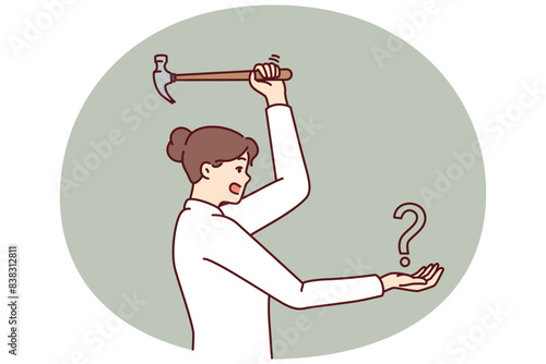 Woman swinging hammer at question mark showing courage in solving problems and fighting ignorance. Challenge for businesswoman in resolving issue requiring leadership qualities and determination