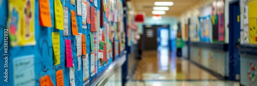A close-up shot of a blue bulletin board in a school hallway covered with colorful papers and sticky notes. The hallway is out of focus in the background photo