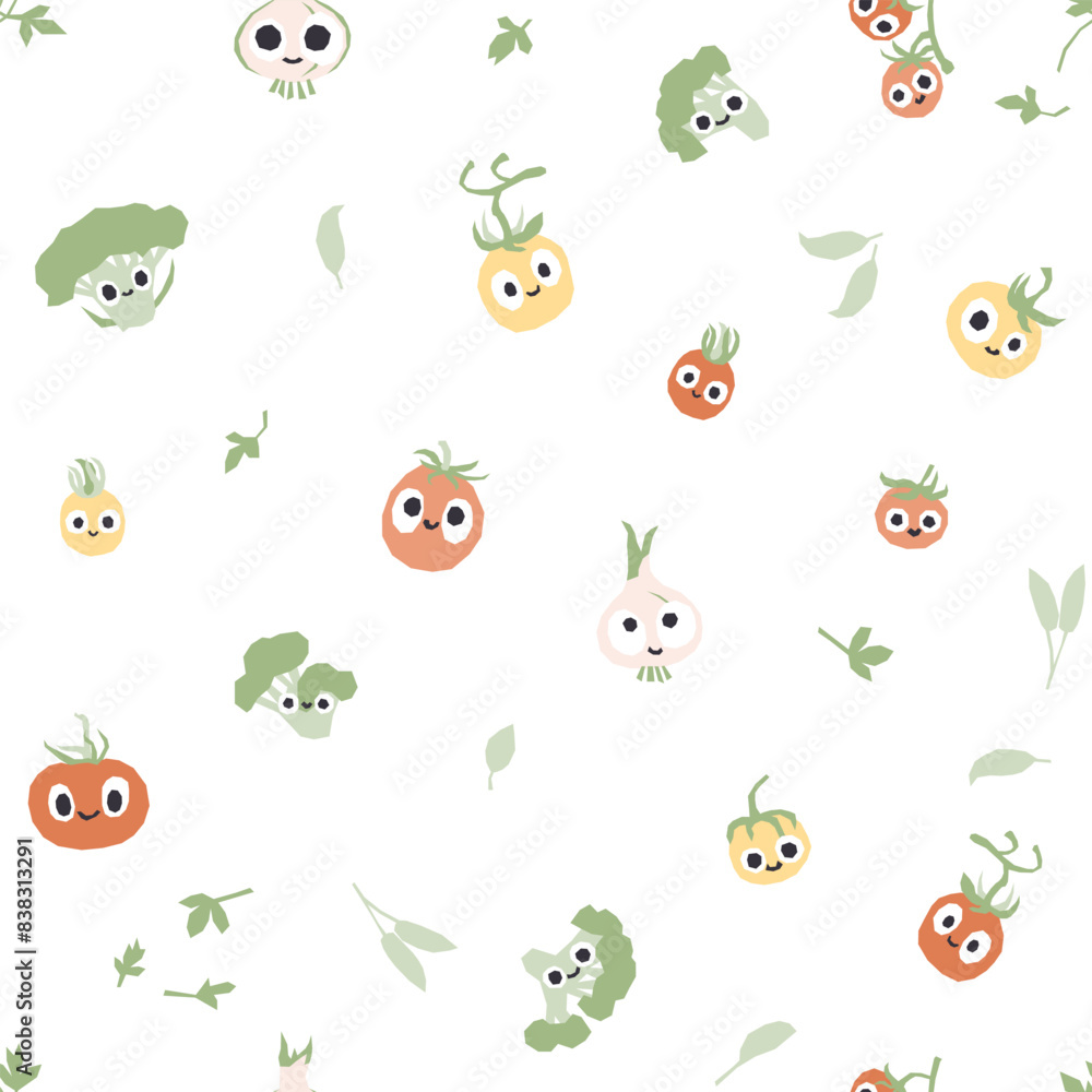 Fototapeta premium Cute vegetables seamless pattern. Vector cartoon childich background with smiling vege characters in simple hand-drawn style. Pastel colors tomatoes, broccoli, onion, green leaves on white background