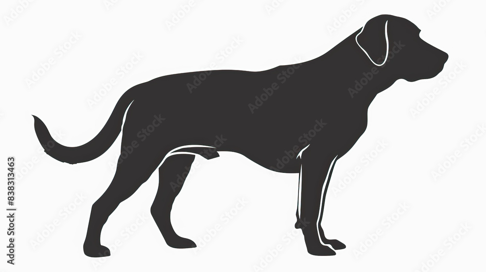 Simple and modern 2D vector graphic design illustration of labrador retriever dog in stencil print style on white background, isolated, black and white
