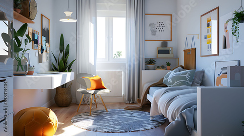 A stylish Scandinavian teen room with a bright, airy atmosphere, comfortable seating, and a simple study space