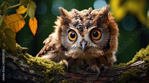 Curious owl perched on a tree branch, its large eyes staring intently   © Awais