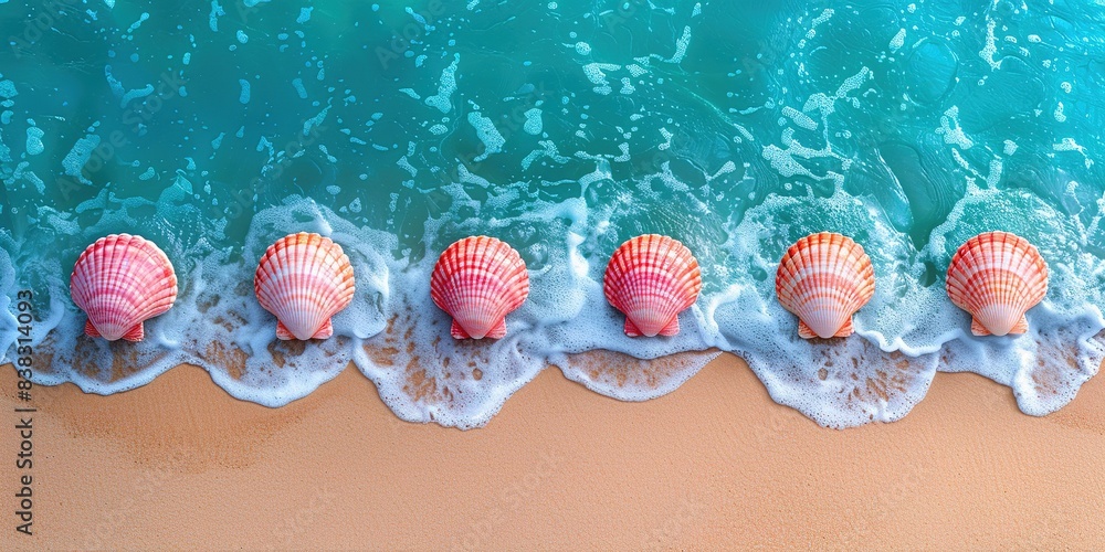 Sea water, sand and sea shells as background. Summer beach. Summer background. Top view.