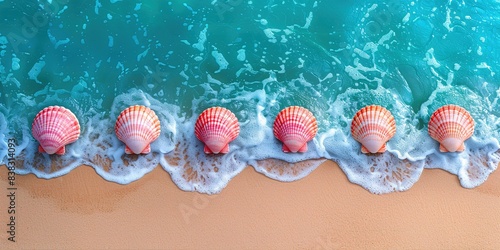 Obraz na płótnie Sea water, sand and sea shells as background. Summer beach. Summer background. Top view. w salonie