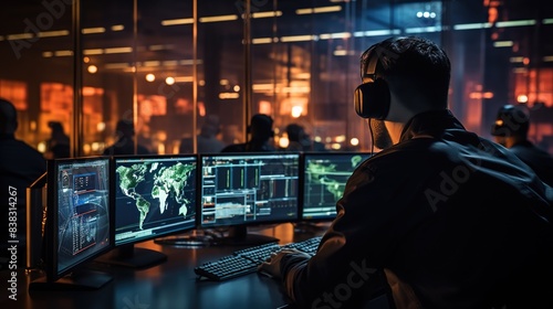Cybersecurity analysts monitoring threats in a control center 