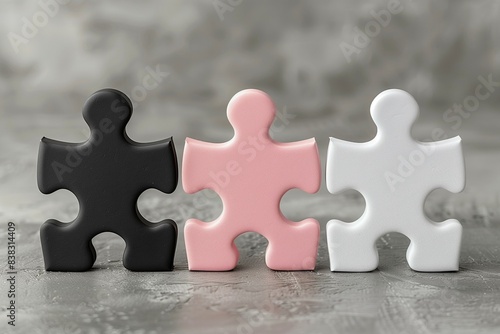 Three puzzle pieces of different colors but the same shape that don't fit together, symbolizing employees. Team building concept. photo