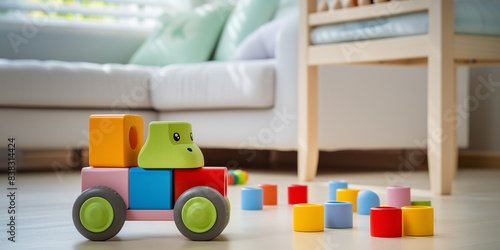  cutout setcolorful classic toddler or baby toys of car wheels, and geometric cubes, photography at floor level in the living room of a house photo