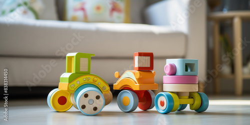  cutout setcolorful classic toddler or baby toys of car wheels, and geometric cubes, photography at floor level in the living room of a house photo