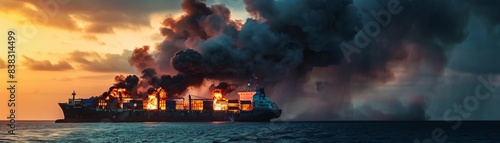 a telephoto view from the back of burning Cargo ship