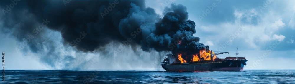 Emergency scene of a burning cargo ship in the open sea, black smoke, disaster accident Emergency scene of a burning cargo ship in the open sea, black smoke, disaster accident
