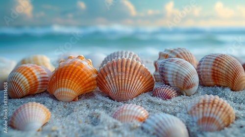 A close-up image of seashells on a sandy beach with a blurred ocean background, evoking a serene coastal atmosphere. © ZethX