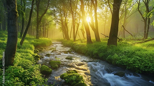 Fototapeta Naklejka Na Ścianę i Meble -  A forest with a stream or river running through it. Sunset and the sun shines through the trees with a warm yellowish light. The trees are lush and green. A natural backdrop. Illustration for design.
