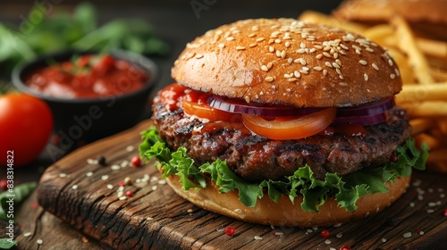 Close-up of a delicious beef burger with lettuce, tomato, and onion on a sesame seed bun, served with French fries and dipping sauce.