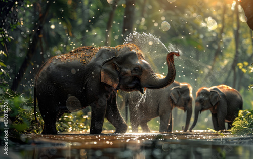 A group of elephants are playing in a river