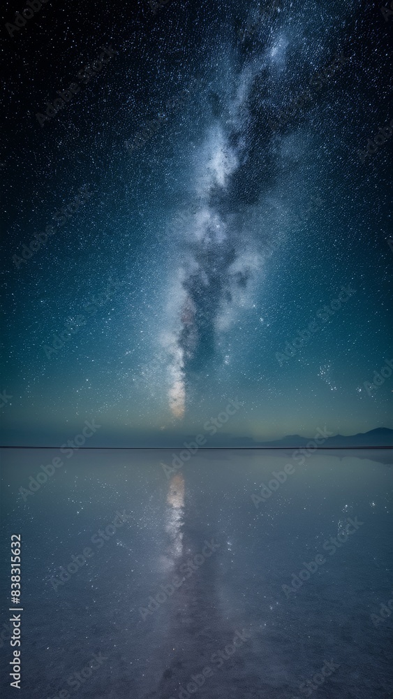 Salar de Uyuni under the starry night sky. The salt plain acts as a mirror, reflecting the stars and creating the illusion of the sky above and below. Salar de Uyuni under the starry night sky. The salt plain acts as a mirror, reflecting the stars and creating the illusion of the sky above and below.