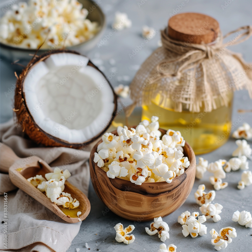 A Jar of Coconut Oil with a Wooden Spatula and Bowl A Jar of Coconut Oil with a Wooden Spatula and Bowl