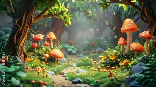 Fototapeta Naklejka Na Ścianę i Meble -  Cartoon style magic forest background, style 3D, nature, mushrooms, mystery 